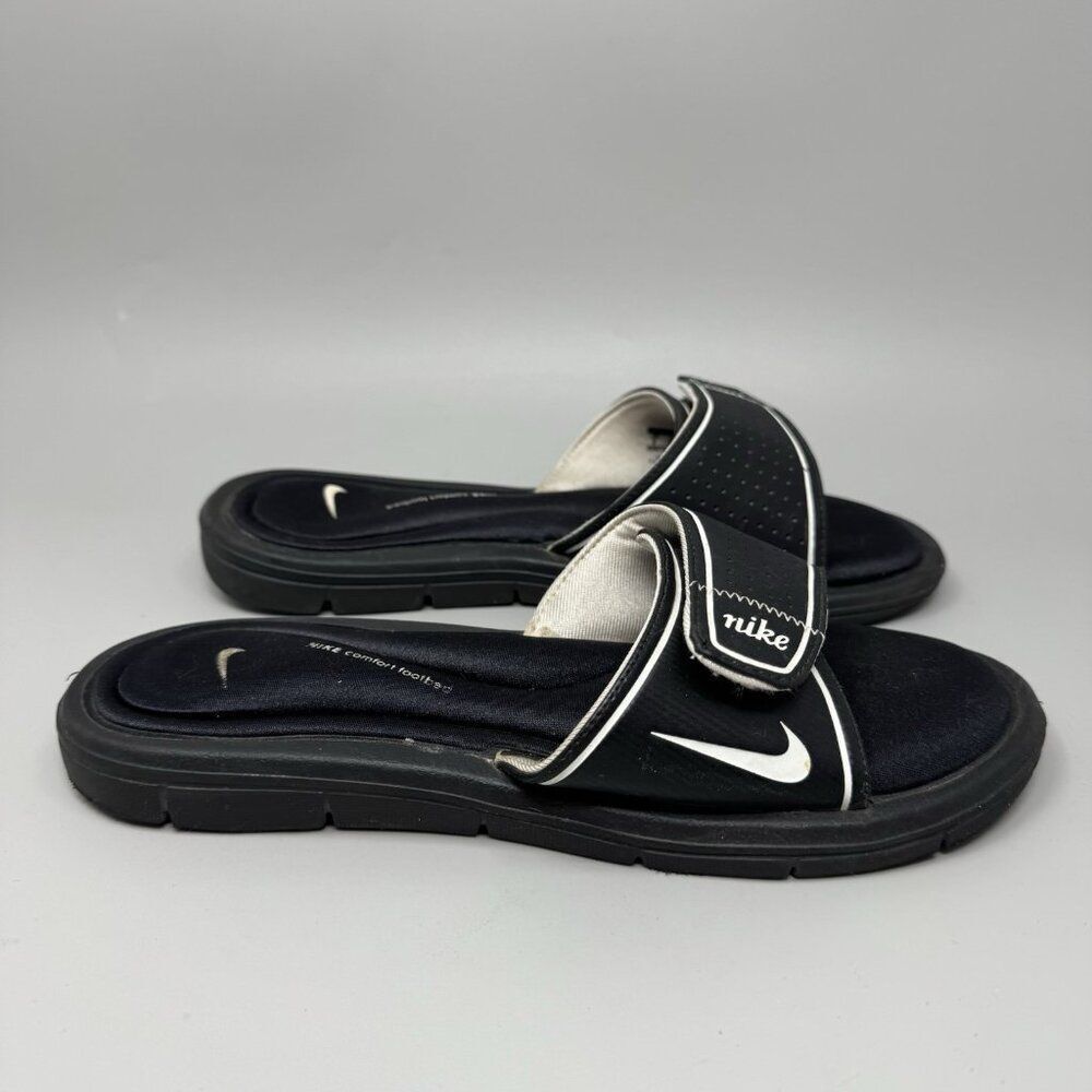 Nike Comfort Slip On Strap Slide Memory Foam Shoes Black White Womens Size 9